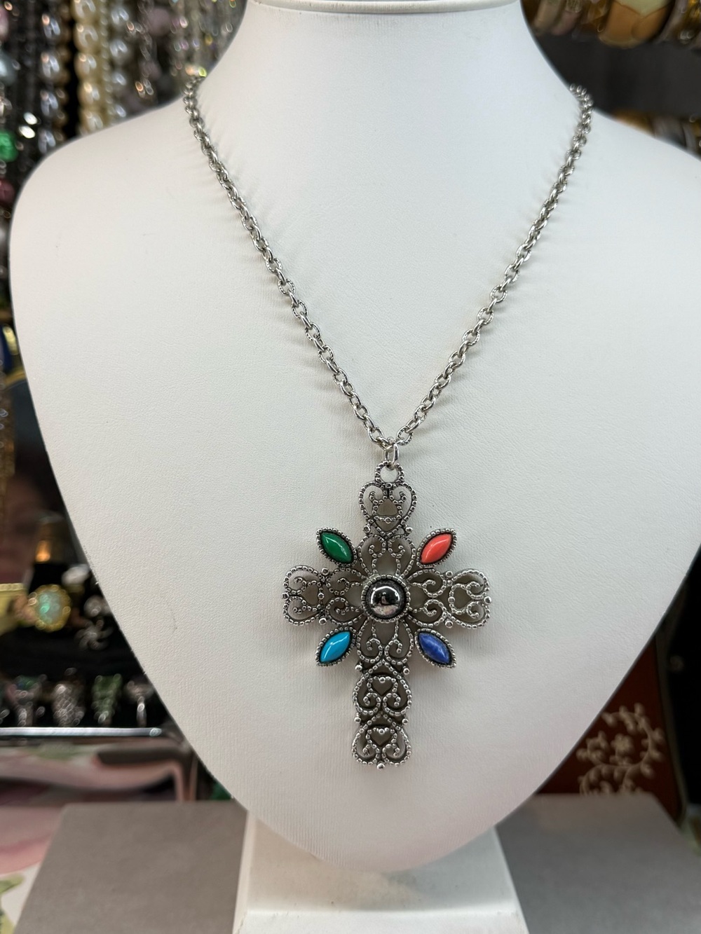 Vintage Avon Romanesque Cross Filigree Necklace Multicolor Faux Stone Silvertone